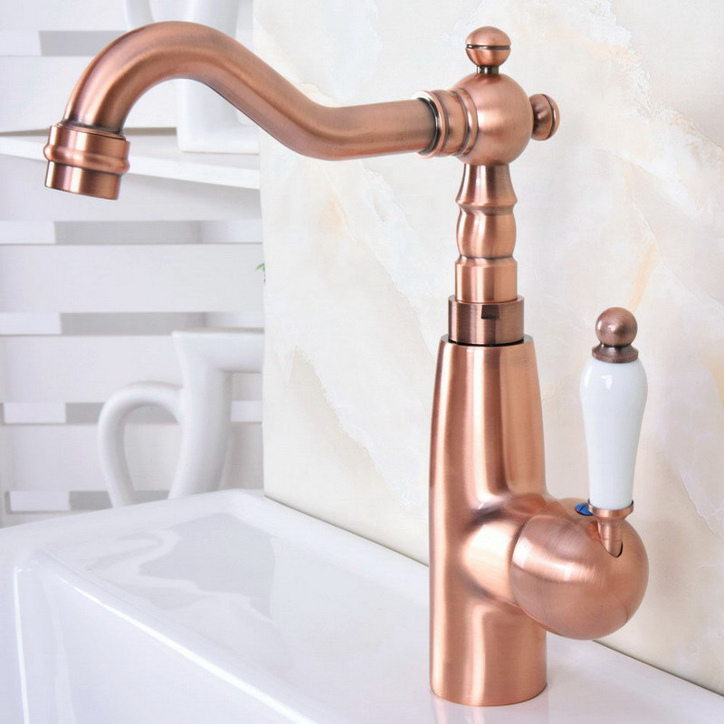 

Antique Red Copper Vanity Sink Faucet 360 Rotate Spout Deck Mount Hot Cold Mixer Water Tap Ceramic Handle Bathroom Faucet