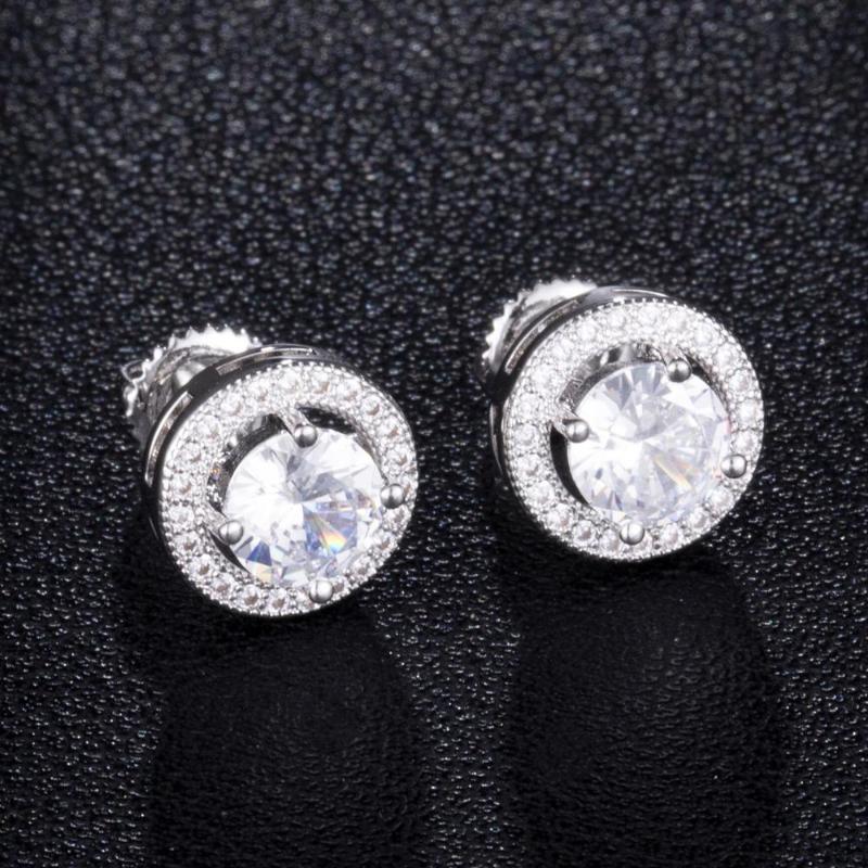 

Hip HOP 1Pair Big Zircon Micro Full Paved Rhinestone CZ Stone Round Bling Iced Out Stud Earring Copper Earrings For Men Jewelry