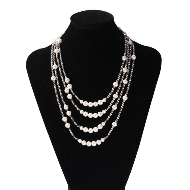 

New Popular Natural Pearl Beaded Stainless Steel Link Chain Choker Necklace for Men Women Hip Hop Rapper Jewelry