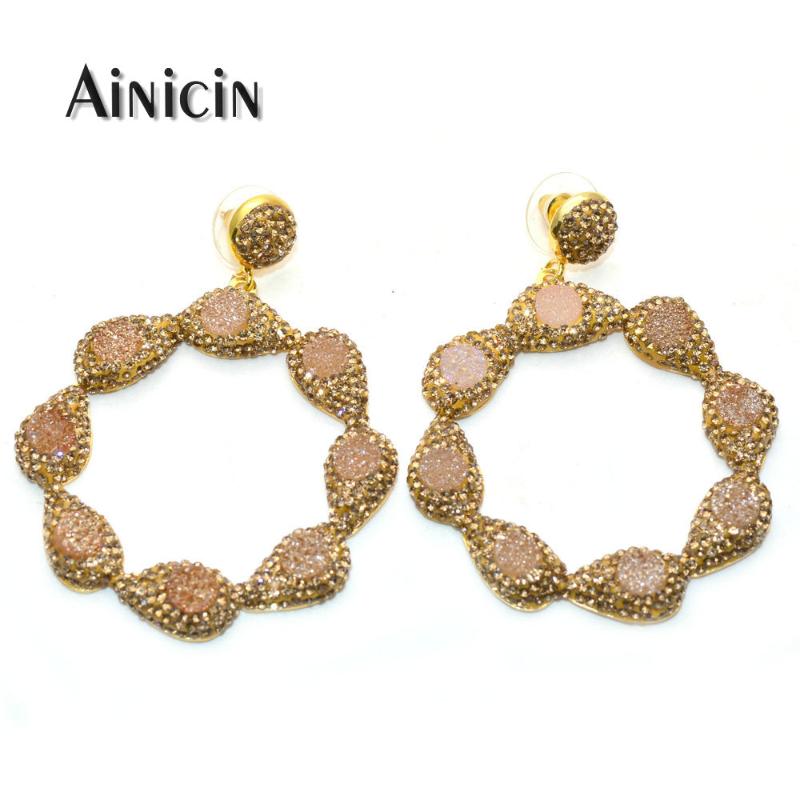 

Fashion Rhinestone Crystal Paved Resin Druzy Big Circle Annulus Shape Dangle Earrings For Mother Girl's Birthday Gift Jewelry