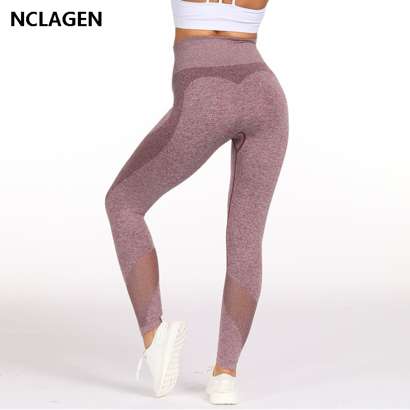 

sport leggings women yoga pants Gym Fitness wear Seamless Squat Proof Workout sportswear elastic High Waist Mesh Tights NCLAGEN, Black