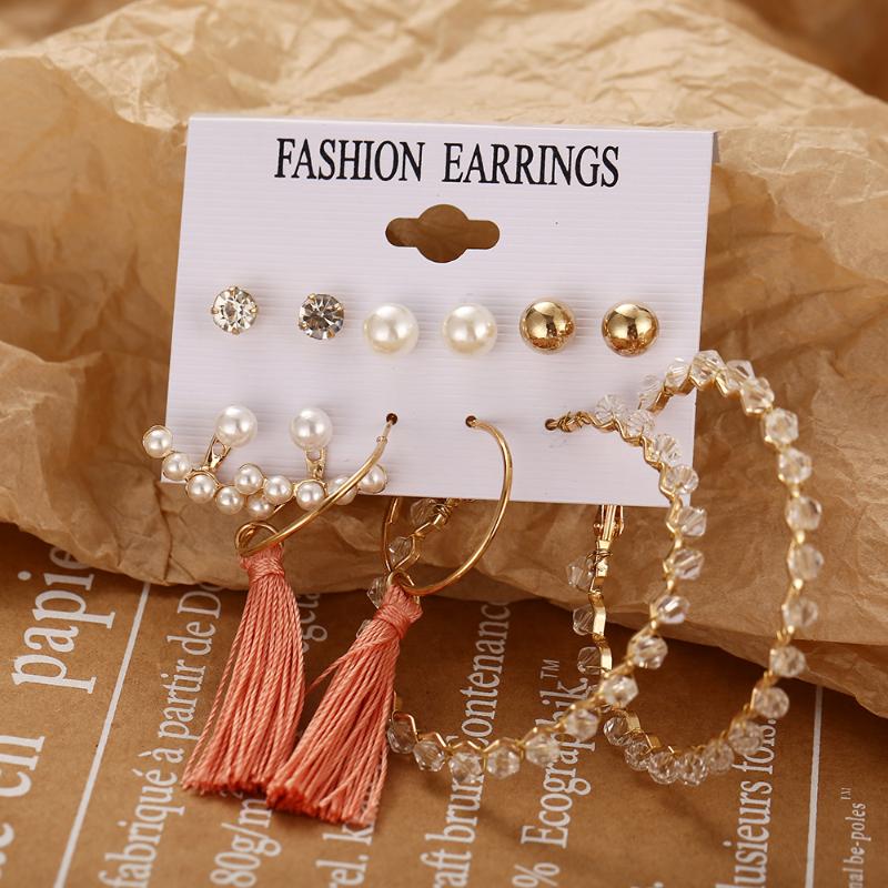 

Hoop & Huggie 2021 Fashion Bohemian Tassel Big Circle Earring For Women Vintage Pearl Drop Gold Round Earrings Set Brincos Party