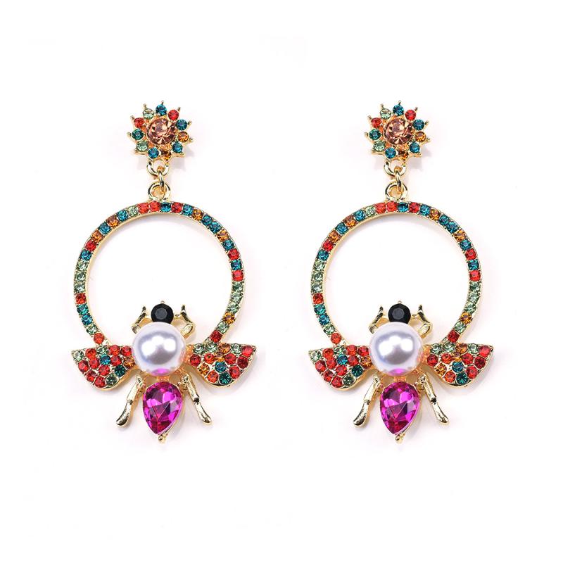 

Luxury Rhinestone Circle Geometric Statement Earrings Women Fashion Cute Bee Pendants Drop Earrings Femme Long Earring Jewelry
