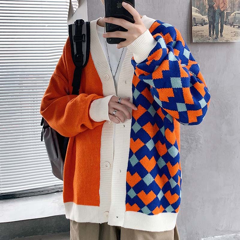 

2020 Autumn And Winter New Youth Popular Loose Stitching Men' V-neck Knitted Cardigan Fashion Casual Top Gray/orange