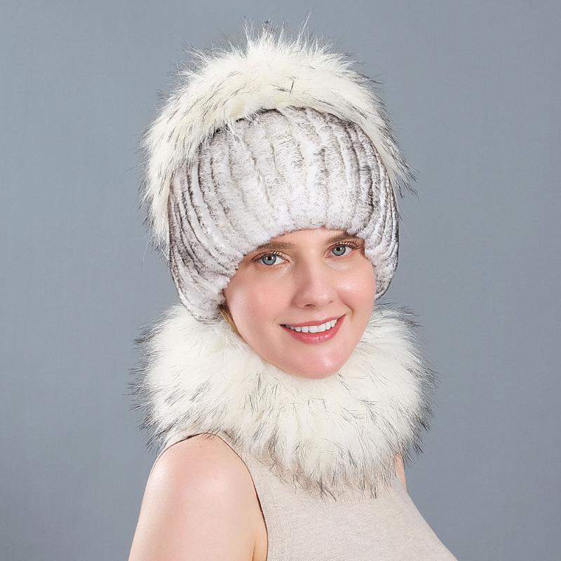 

New hot ladies real rex fur high imitation fur fashion warm nine-tail hat scarf set