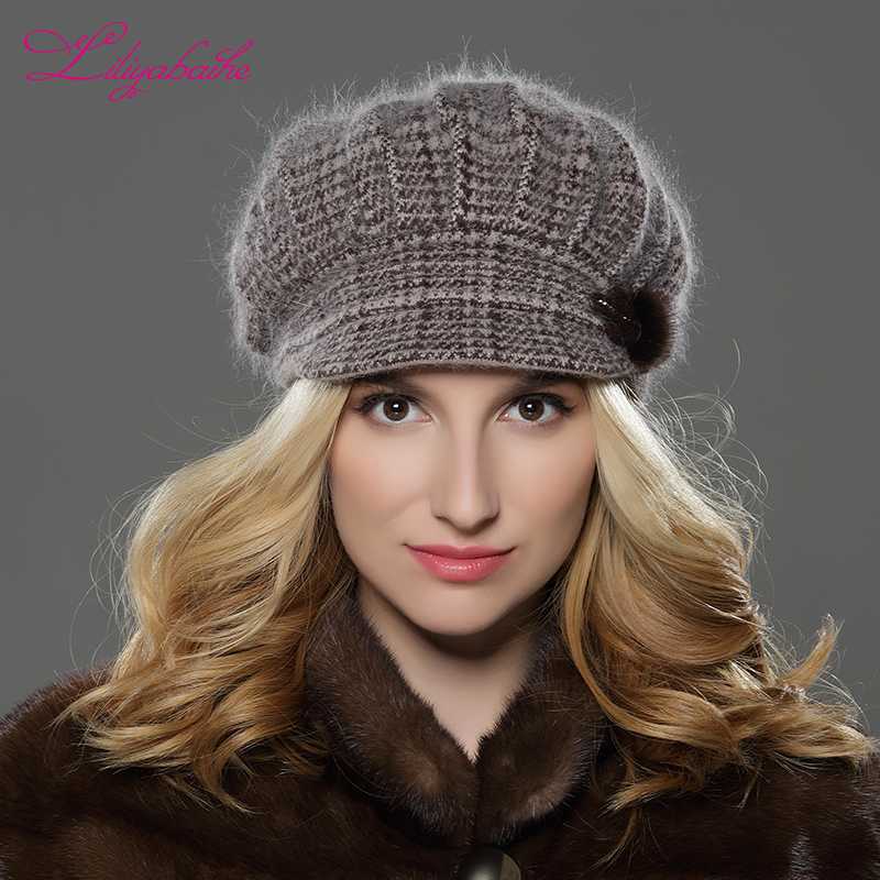 

LILIYABAIHE NEW Style Women Winter hat brim hat knitted wool angora Geometric mink flower decoration cap Double warm, C14