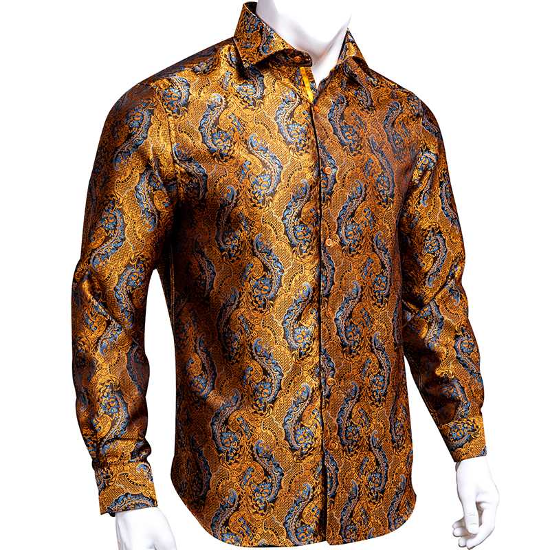 

Hi-Tie Fashion Gold Paisley Soft Mens Shirts Blue Floral Woven Full Sleeve Casual Shirts For Men Silk High Quality Wedding Dress, Cs-1005-freegift