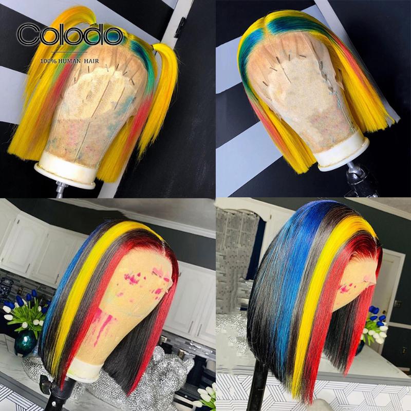 

COLODO Rainbow Color Bob Wig Brazilian Remy Yellow Lace Front Human Hair Wigs Pre Plucked Full Lace Wigs for Women, Rainbow 2