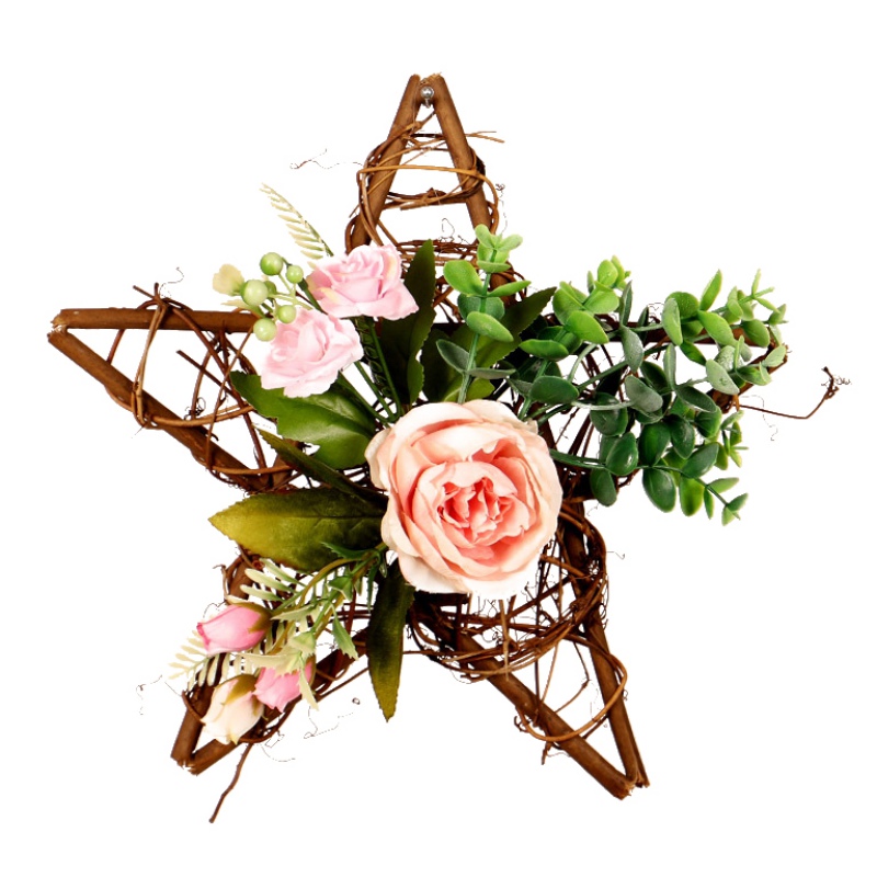 

Wall Hanging Artificial Flower Garland Star-Shaped Wooden Frame Pendant Faux Floral Wreath For Party Wedding Decor