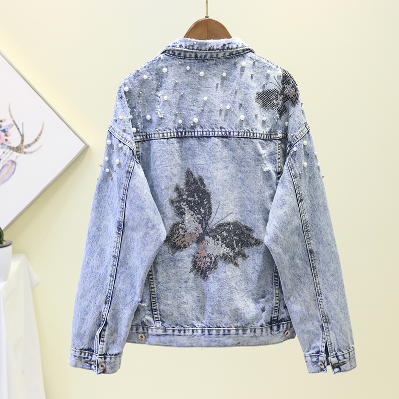 

Spring Loose Harajuku Diamond Butterfly Pearl Beaded Hole Denim Jacket Women Autumn New Plus size Casual Long sleeve Jean Jacket, Blue