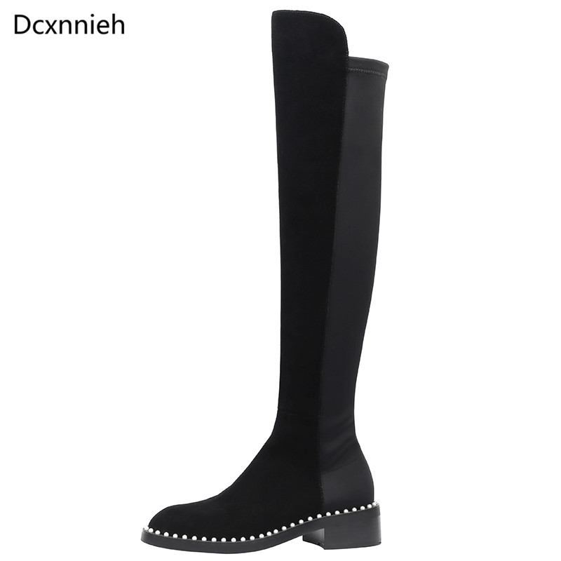 

New Winter Genuine Leather Motorcycle Boots Women Night Long Boots Casual Flat Shoes Woman British Style Knee High Women, Black suede