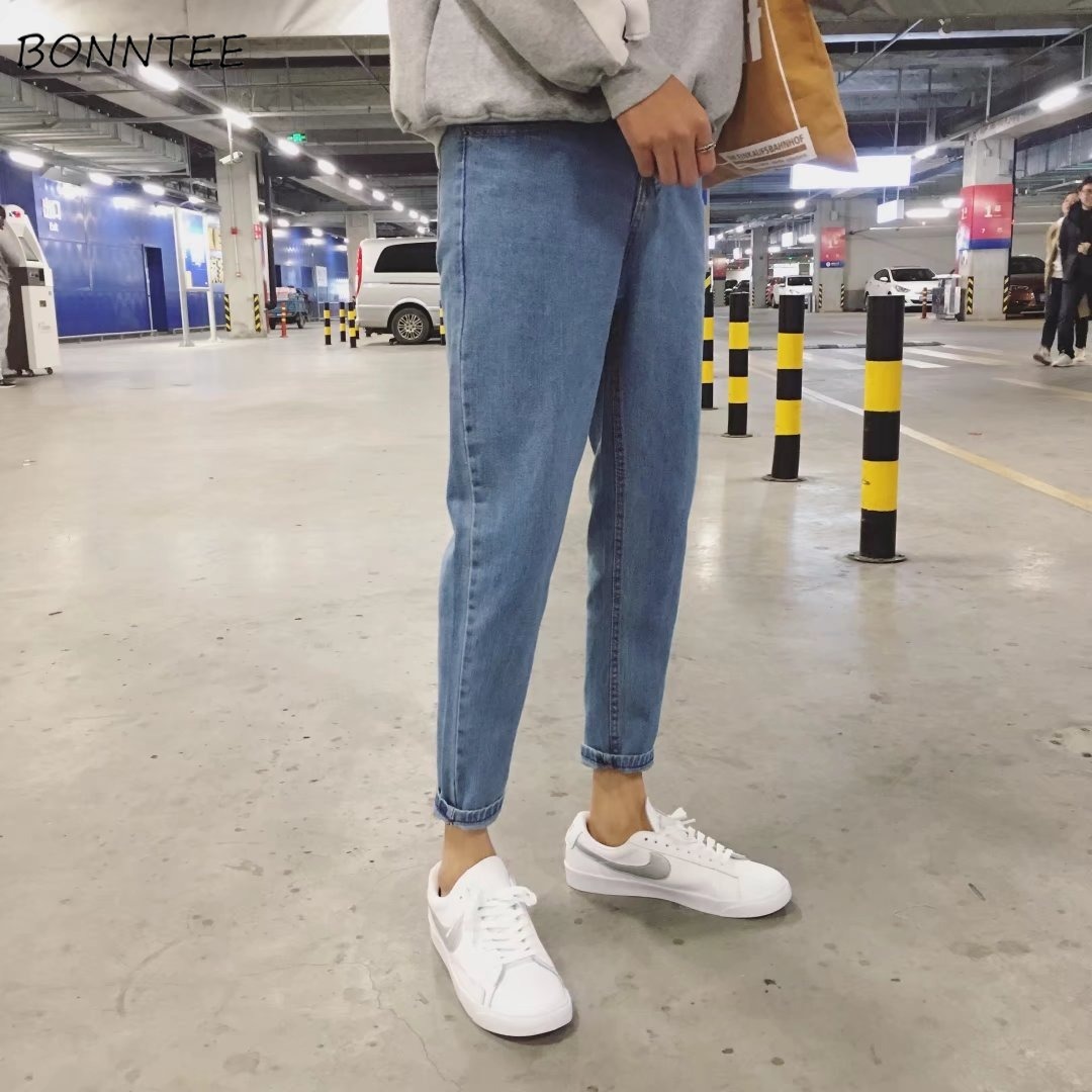 

Jeans Men Solid Ankle-length Bundle Loose Mens Korean Style Straight Ulzzang Simple All-match Leisure Retro Trendy Streetwear, Blue