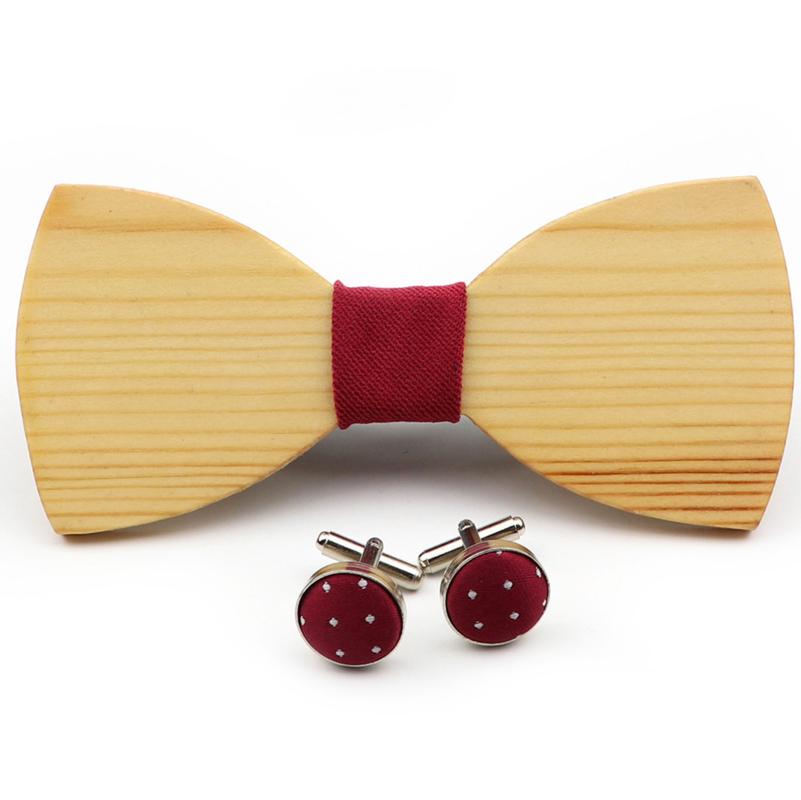 

New 2020 Wooden Bow Tie Cufflinks Set Handmade Fashion Men's Solid Wood bowties with Round Braided Dot Cuff Link Gravata set