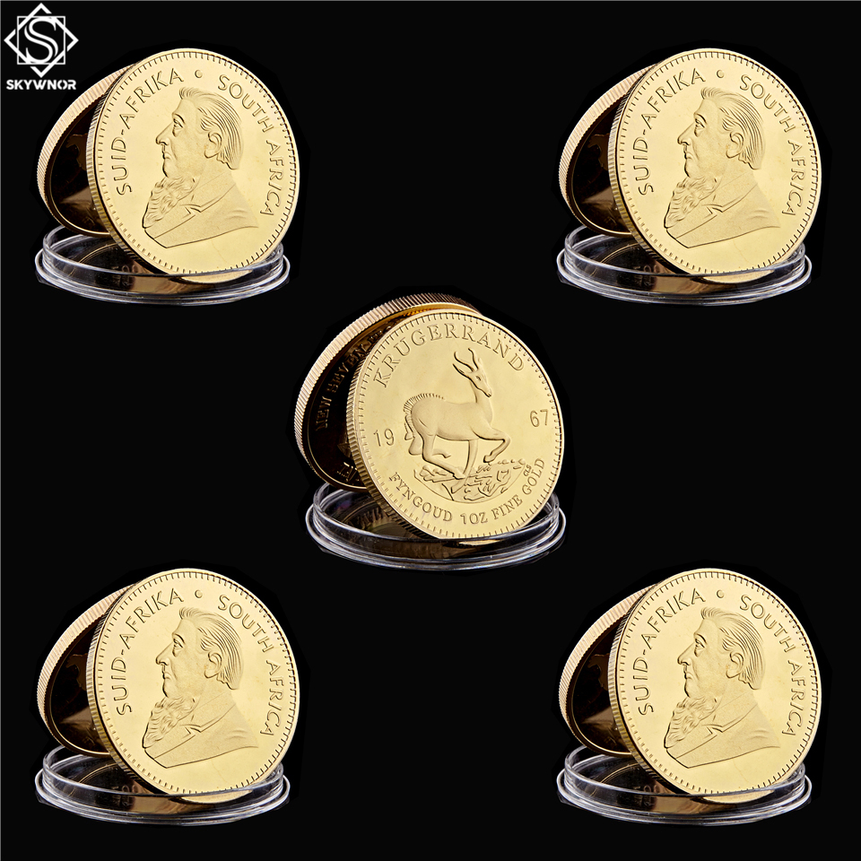 5PCS 1967 Krugerrand Fyngoud Craft 1OZ Fine Gold South Africa Replica Coin Paul Kruger Commemorative Metal Badge-image-586694855