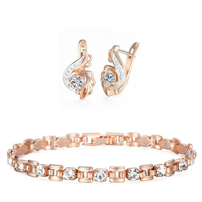 

Female Fashion Jewelry White Cubic Zircon Bracelet Earrings Sets For Women Girls 585 Rose Gold Wedding Party Gifts DGBGEM03, As pic