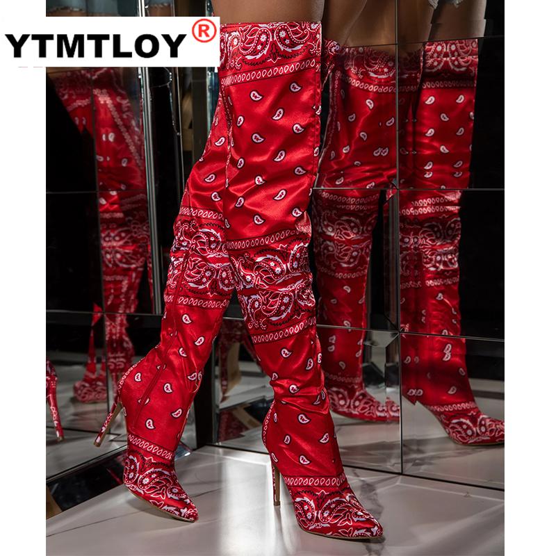 

Winter Paisley Women Boots Fashion Paisley Bag Pointy Toe Punk High Thin Heels Over The Knee Long Boots Autumn Booties, Black low