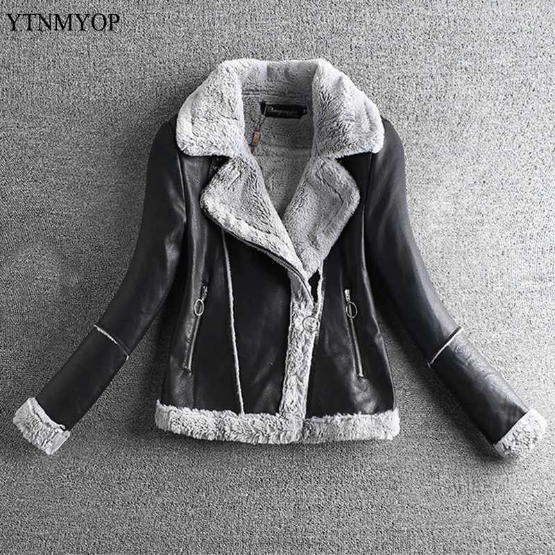

YTNMYOP Winter Motorcycle Clothing Female Winter Lamb Hair PU Leather Jacket Jacket Thick Turn-down Collar Autumn Leather Coats, Black
