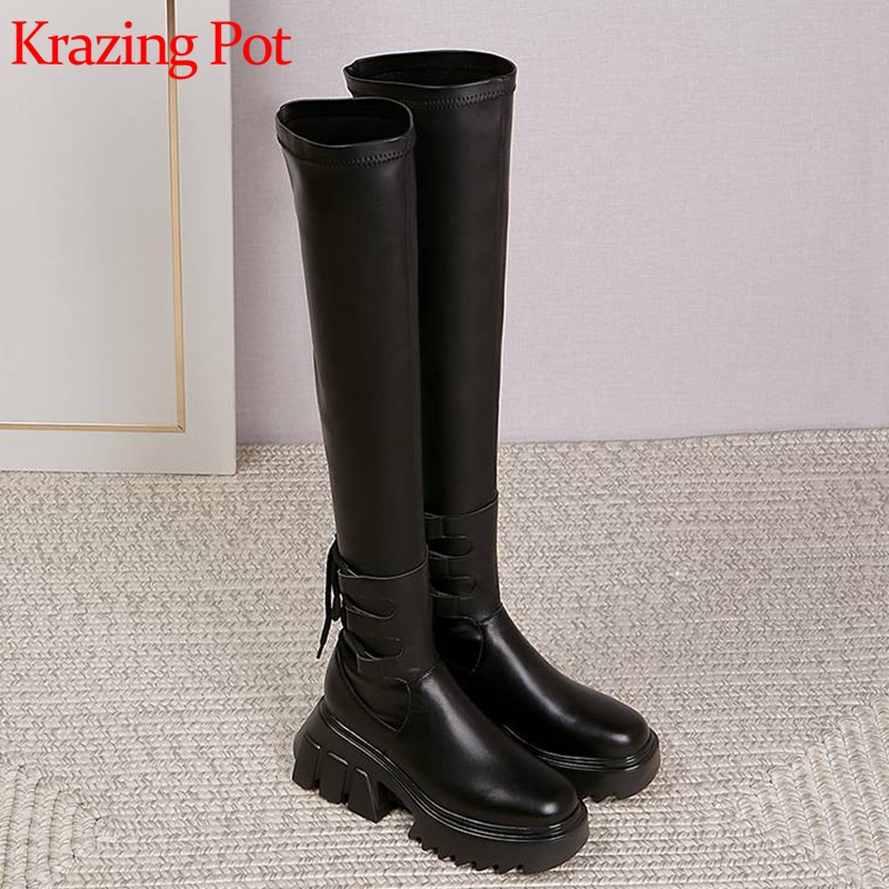 

Krazing pot genuine leather round toe stretch fabric preppy style thick bottom high heels back lace up over-the-knee boots L52, Black
