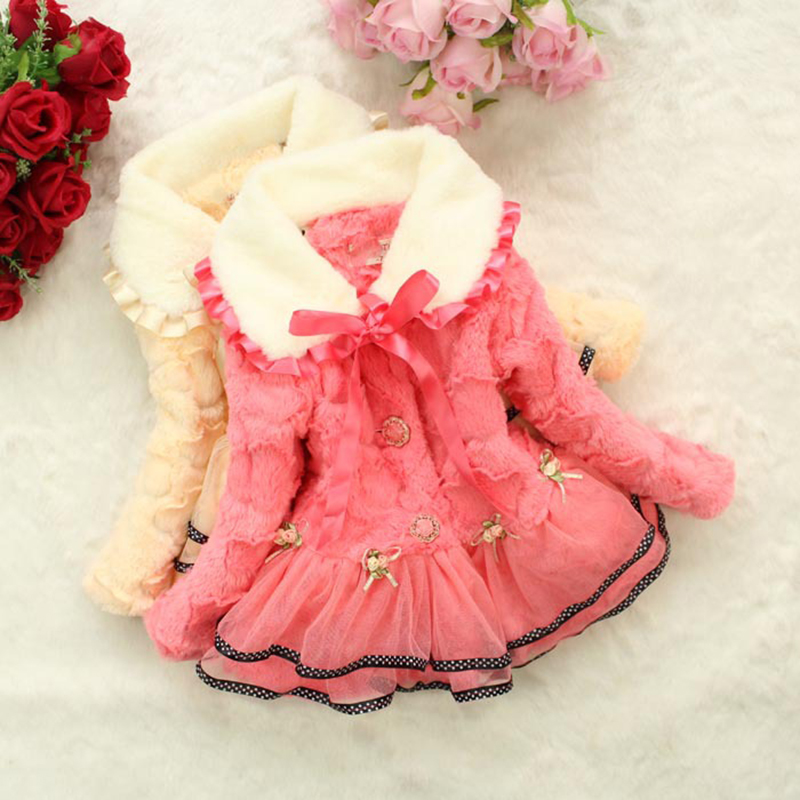 

New Baby Faux fur collar Winter Autumn Flower Lace Outerwear Clothes Girls Jacket Children Fashion Coat Retail, Red
