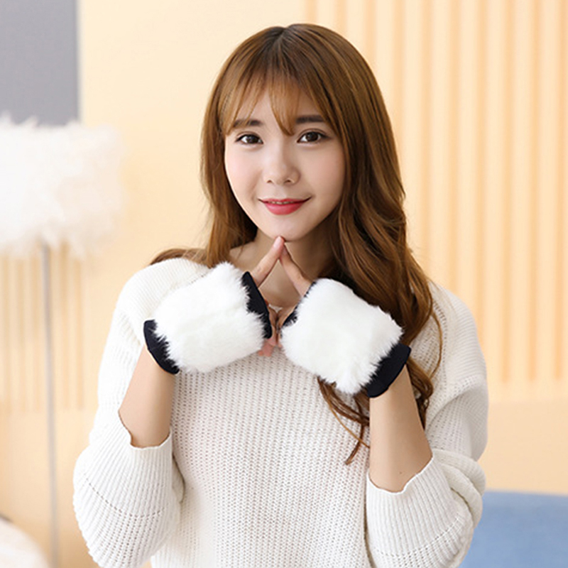 

Autumn Winter Female Warm Soft Faux Fur Gloves Winter Female Cute Plush Thick Knit Cashmere Velvet Warm Fingerless Gloves