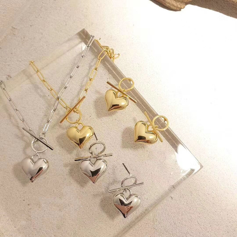 

Lovely Heart Bright Metal Earrings Jewelry Set Love Charm Pendant Chain Necklace Earrings Pendant Fashion Valentine's Day Gift, As pic
