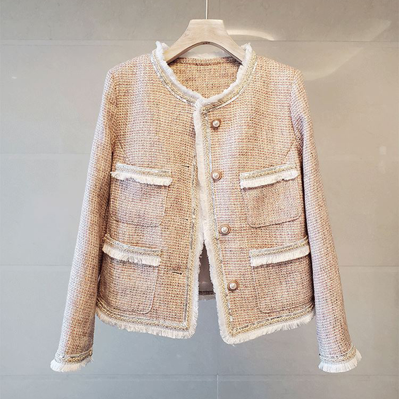 

Tassel Sequins Tweed Jackets Women O-Neck Palid Vintage Pink Jacket legant Slim Long Sleeve Wool Outwear Single Breasted A684, Blue