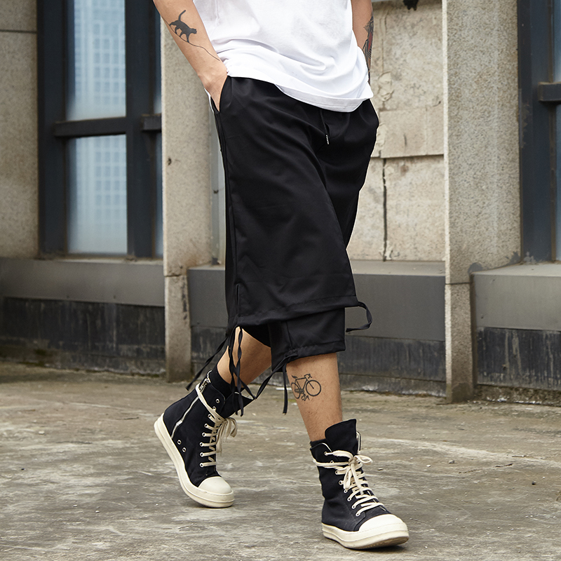 

Original non-high street function Yamamoto dark lace-up double stitching split loose assault casual men' pants cropped pants, Black