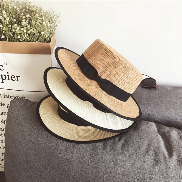 

Flat Top Straw Hat Female Summer British Beach Hat Sun Protection All-match Edge Seaside Travel Holiday Travel