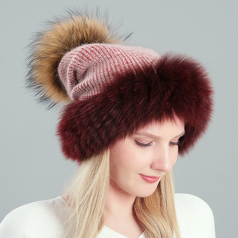 

HT3276 Women Winter Hat Thick Warm Fur Pompom Knitted Hat Female Real Fur Skullies Beanies Ladies Winter Ski Beanie