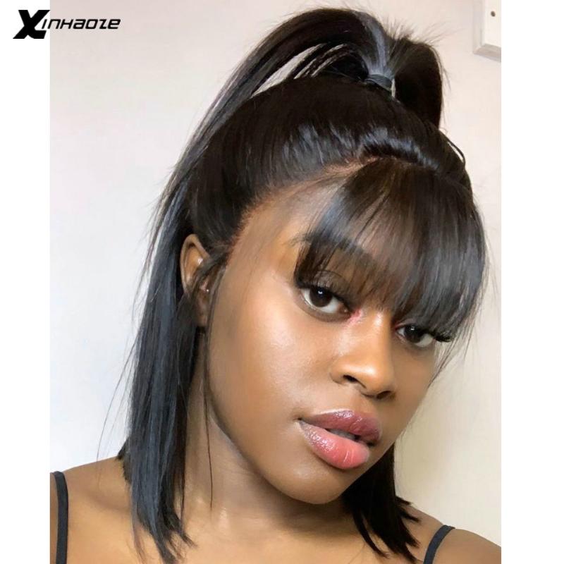 

Fringe Wig Lace Front Human Hair Wigs With Thick Bangs 150% Peruvian Hair Pre Plucked Bob Wig Natural Black Silk Base, 13x4 lace wig