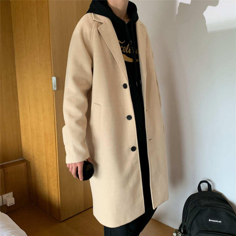 

Winter Korean Style Woolen Coat Men's Warm Fashion Casual Long Woolen Coat Streetwear Loose Jacket Mens Overcoat -5XL, Beige