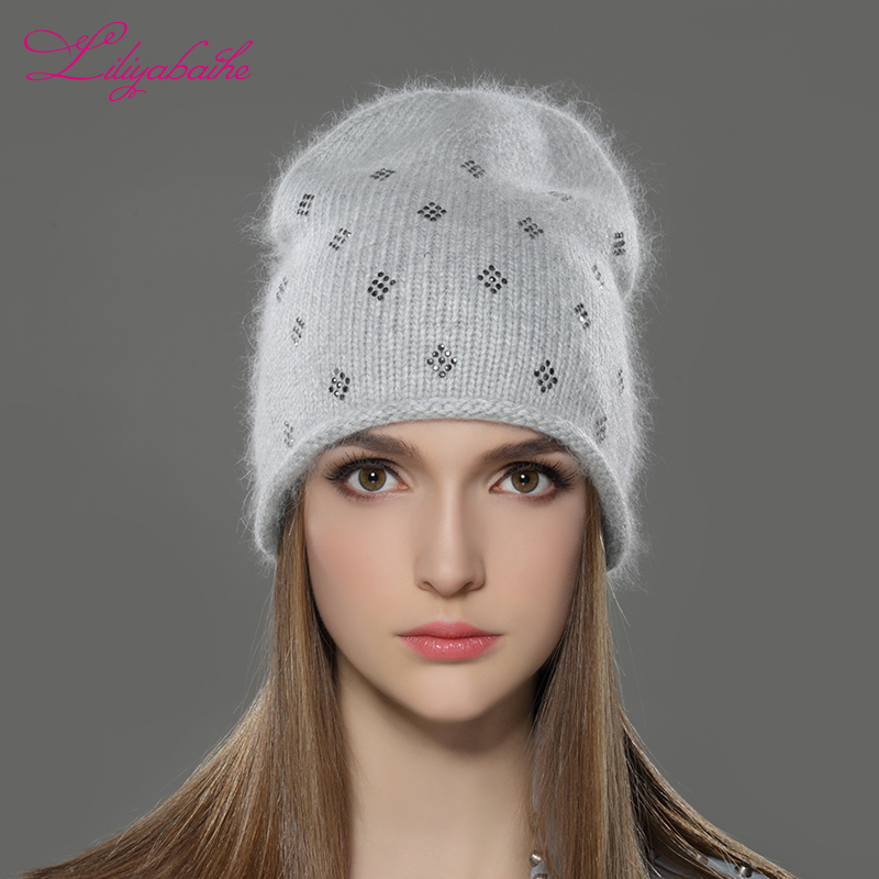 

LILIYABAIHE Women Autumn And Winter Hat angora Knitted Skullies Beanies Cap Classic color diamond decoration hats for Girls, C03