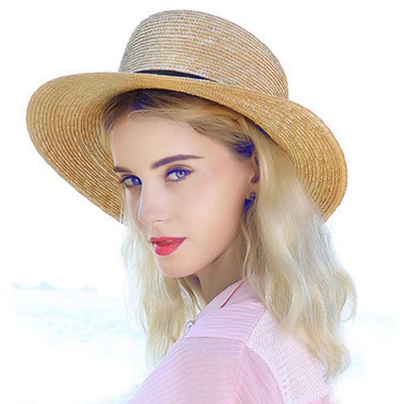

2020 Women Summer Boater Toquilla Straw Sun hat For Elegant Lady Wide Brim Flat Fedora Panama Top Sunbonnet Hat With Bowknot