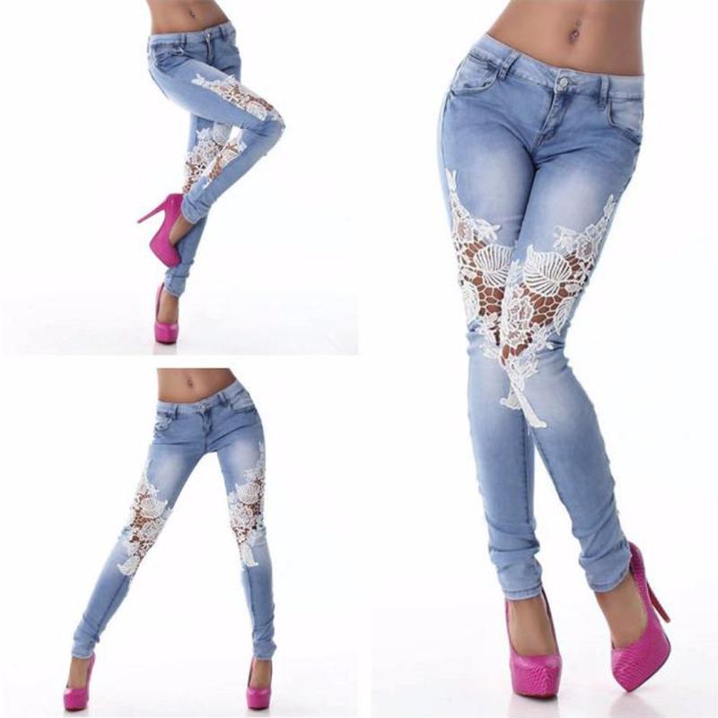 

New Fashion flare jeans Women Ladies Lace Stitching Jeans Skinny Pencil Pants Denim Trousers grande taille femme flare, Blue