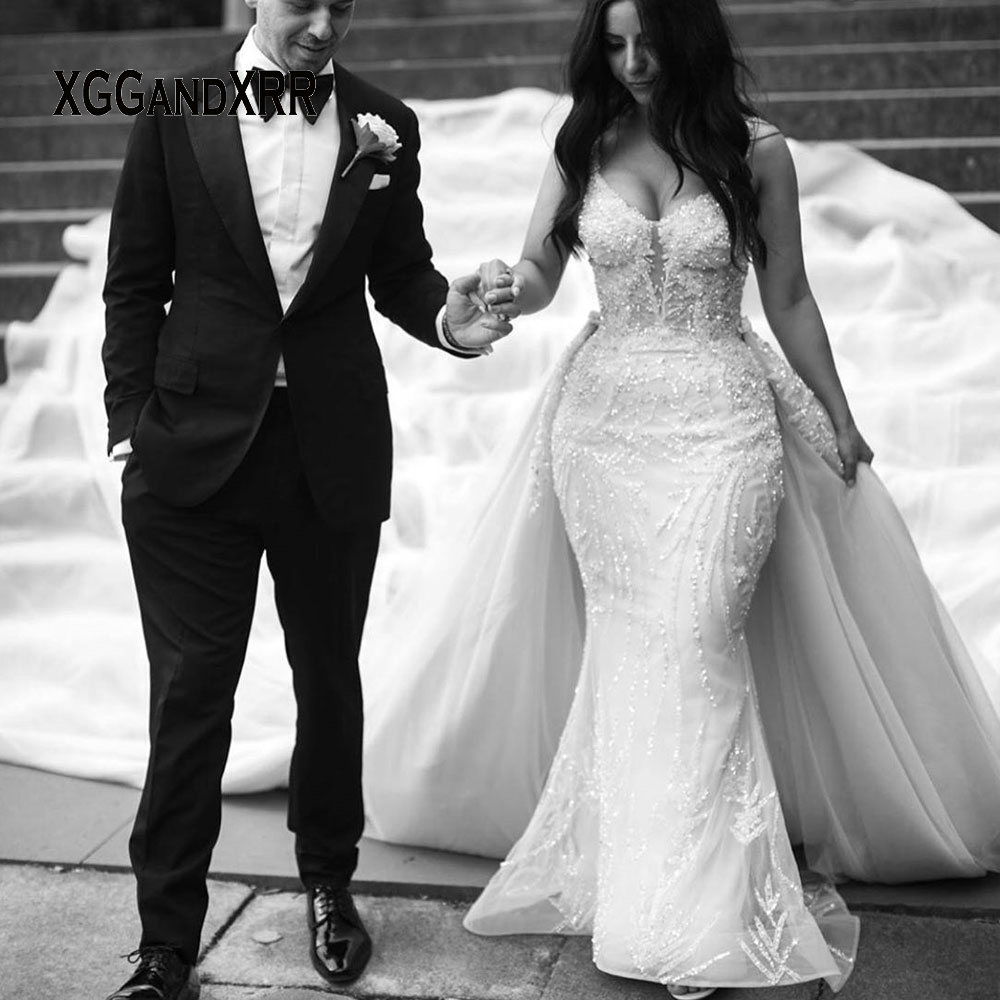 

Luxury Mermaid Wedding Dress 2020 Bridal Gown Scalloped Beading Sequins Overskirt Long Train White Bride Dress Custom made