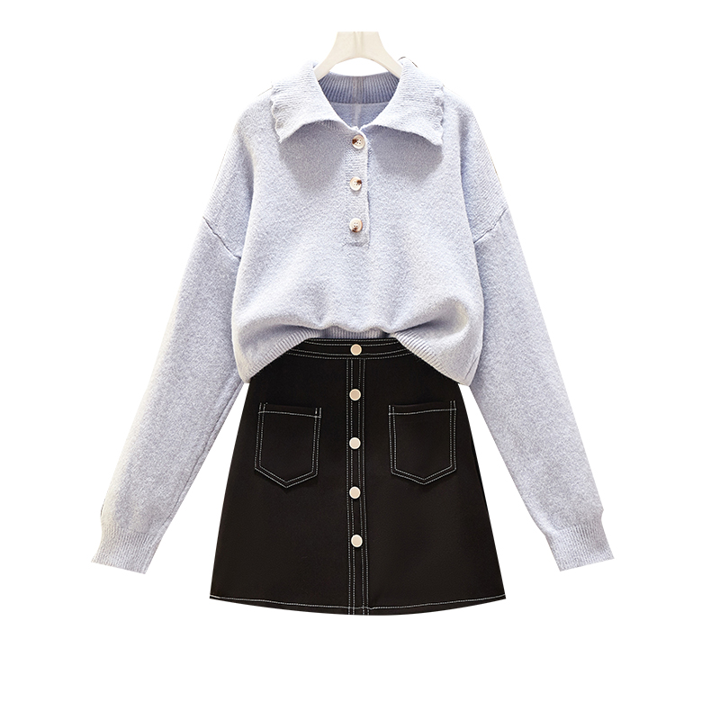 

autumn outfit new set long sleeve knit sweater lapel students render skirt women outfit sweater knitted top black A line suit, Black skirt