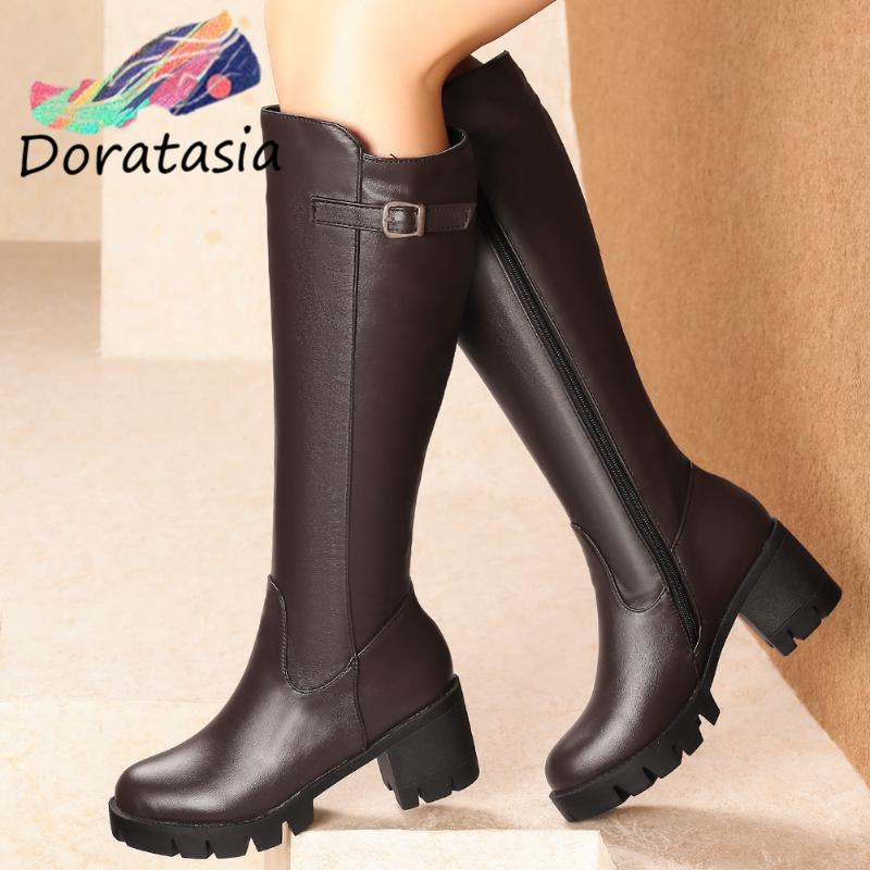 

DORATASIA Brand Women Platform High Heels Designer Shoes Winter Casual Boots Women Solid Metal Buckle Round Toe Boots, Black