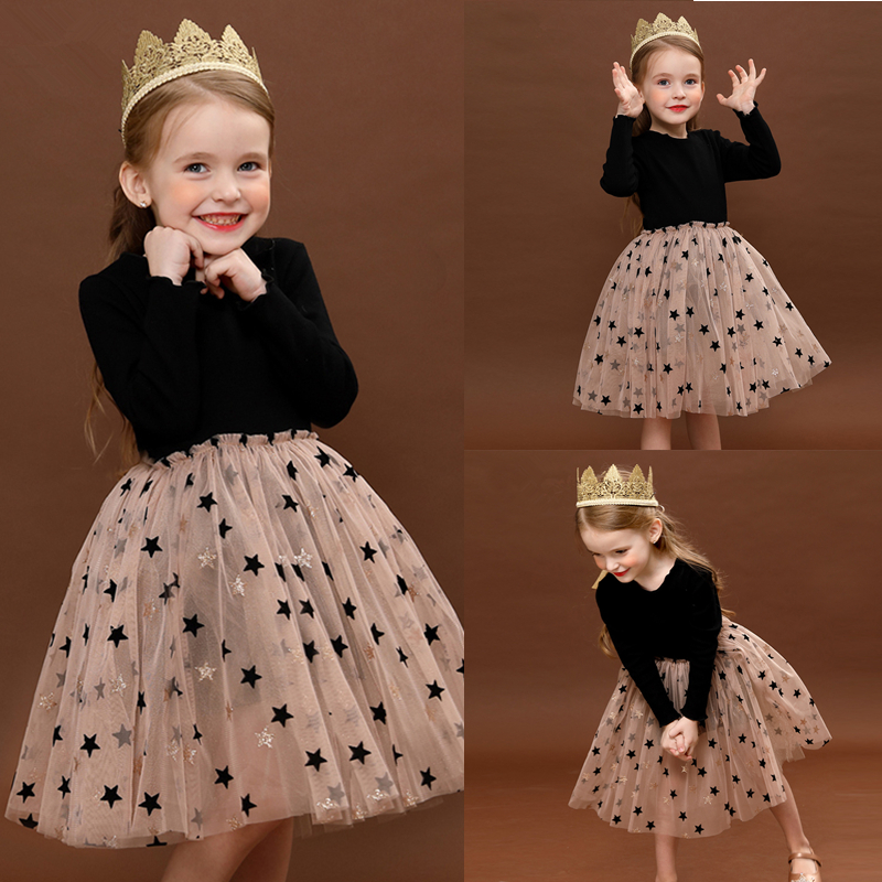 

Kids Long Sleeve Lace Drsses for Girls Party Dress Star Printed Birthday Tutu Dresses Children Casual Wear 3 6 8 Years Vestidos, White