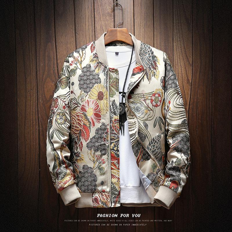 

New Autumn bomber jacket streetwear embroidered flower jacket hip hop baseball mens jackets and coats korean clothes 5XL, Khaki
