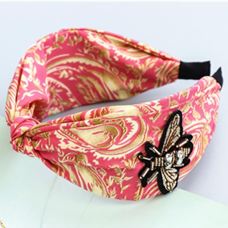 

Hot Pink Print Wide Knot Headband with Crystal Bees Women Retro Hair Accessories Hairband Adults Hair Ornament Head Band