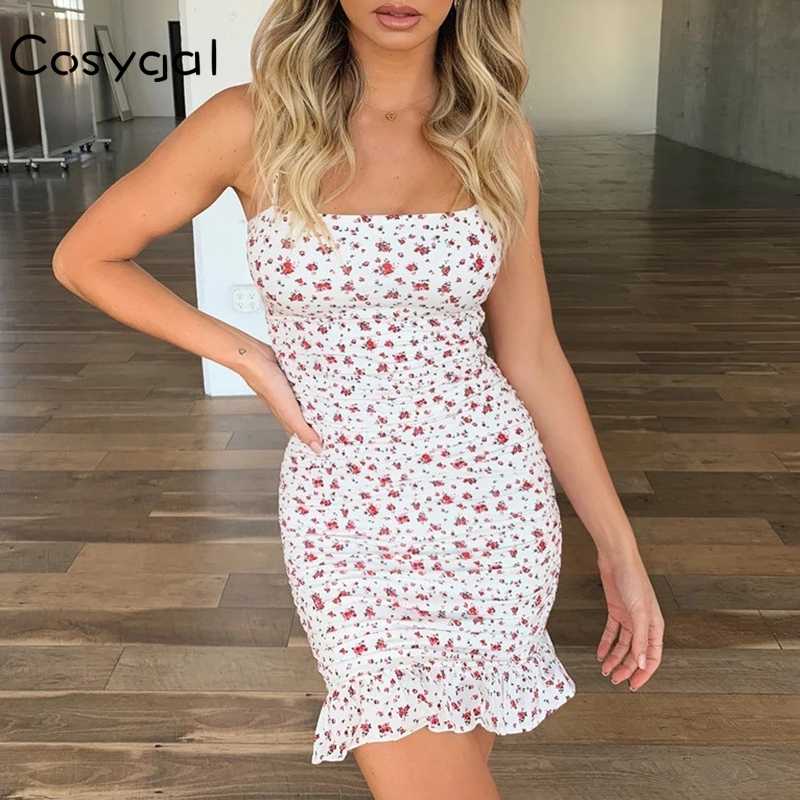 

COSYGAL Spaghetti Strap Print Floral Dress Sexy Mini Backless Club Party Dress Ruffles Bodycon Summer Short Vestidos 2020, Multi