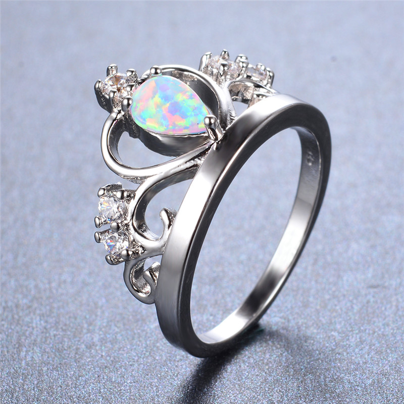 

Cute Female White Fire Opal Ring Unique Silver Color Love Crown Ring Promise Wedding Engagement Rings For Women
