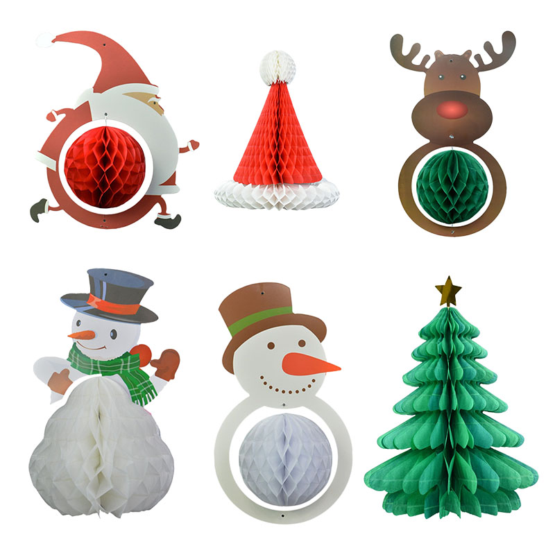

1pc Cute Christmas Honeycomb Ball Santa Claus Hat Snowman Elk Paper Lantern Christmas New Year Home Hanging Decor Party Supplies