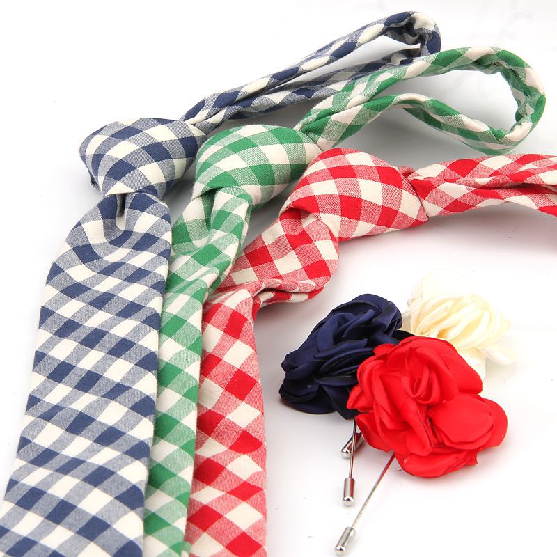

Linbaiway Casual Neck Tie Brooches Set for Mens Cotton Plaid Neck Ties Boutonniere Corsage Necktie Skinny Tie Set Custom Logo