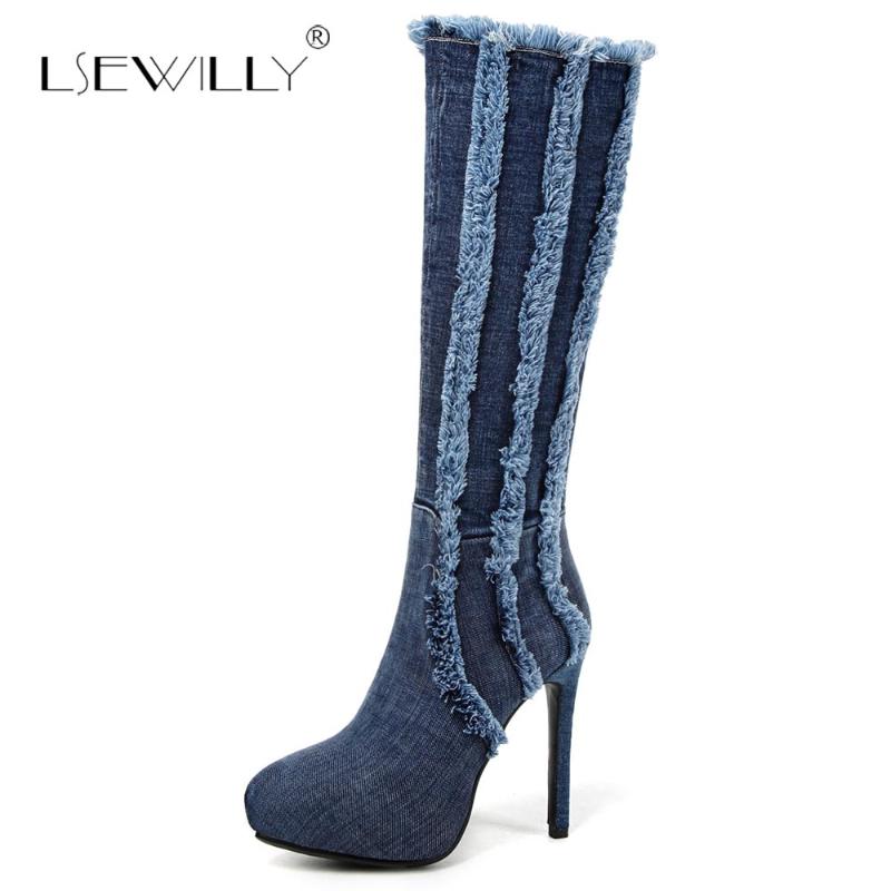 

Lsewilly Blue Denim Knee High Boots for Women Round toe High Heels Shoes Woman Thin Heels Winter Warm Fur Zipper Boots S919, Black