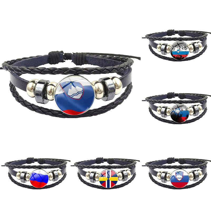 

For Women Children Vintage Fashion Glass Black Leather Bracelet Bangles Jewelry Handmade National flag of Slovenia Pattern