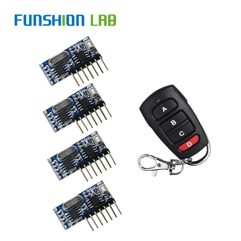 

FUNSHION RF Remote Control Transmitter & 433Mhz Wireless Receiver Learning Code 1527 Decoding Module 4 CH Output Learning Button