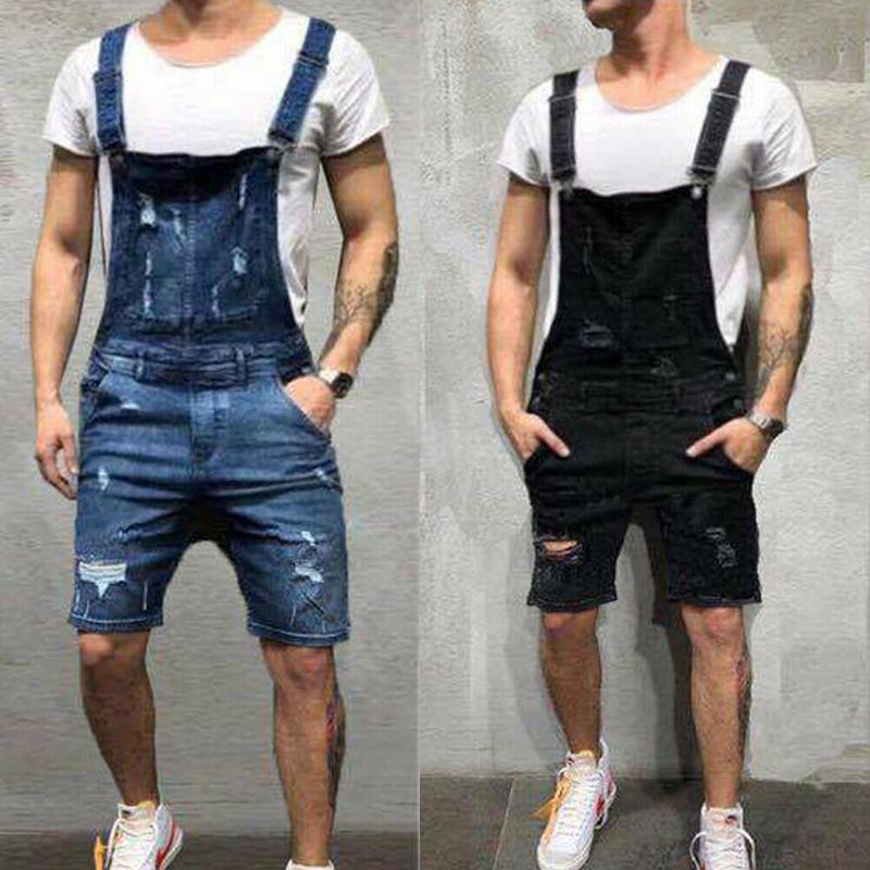 

Men Overalls Short Suits One Piece Ripped Jeans Jumpsuits Trousers Vintage Denims Dungarees Holed Jeans, Black