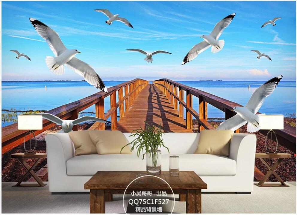 

custom photo mural 3d wallpaper Seaside sky wooden bridge seagull living room home decor 3d wall murals wallpaper for walls 3 d, Non-woven