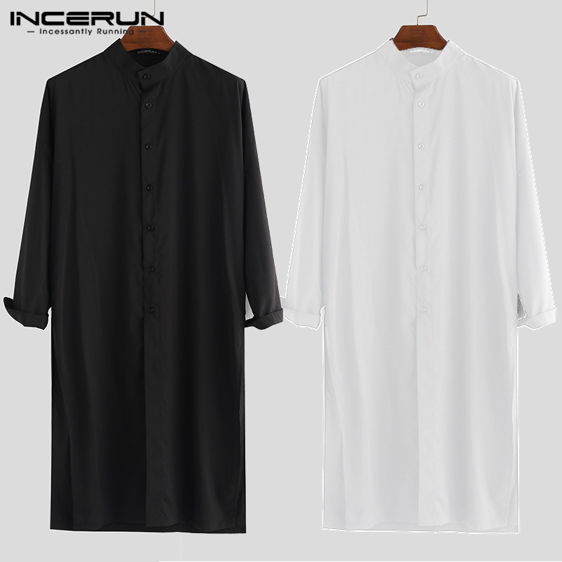 

Men Long Sleeve Casual Shirt Stand Collar Solid Button Loose Indian Kurta Suit Men Tops Vintage Pakistani Shirts INCERUN 200925, White shirt